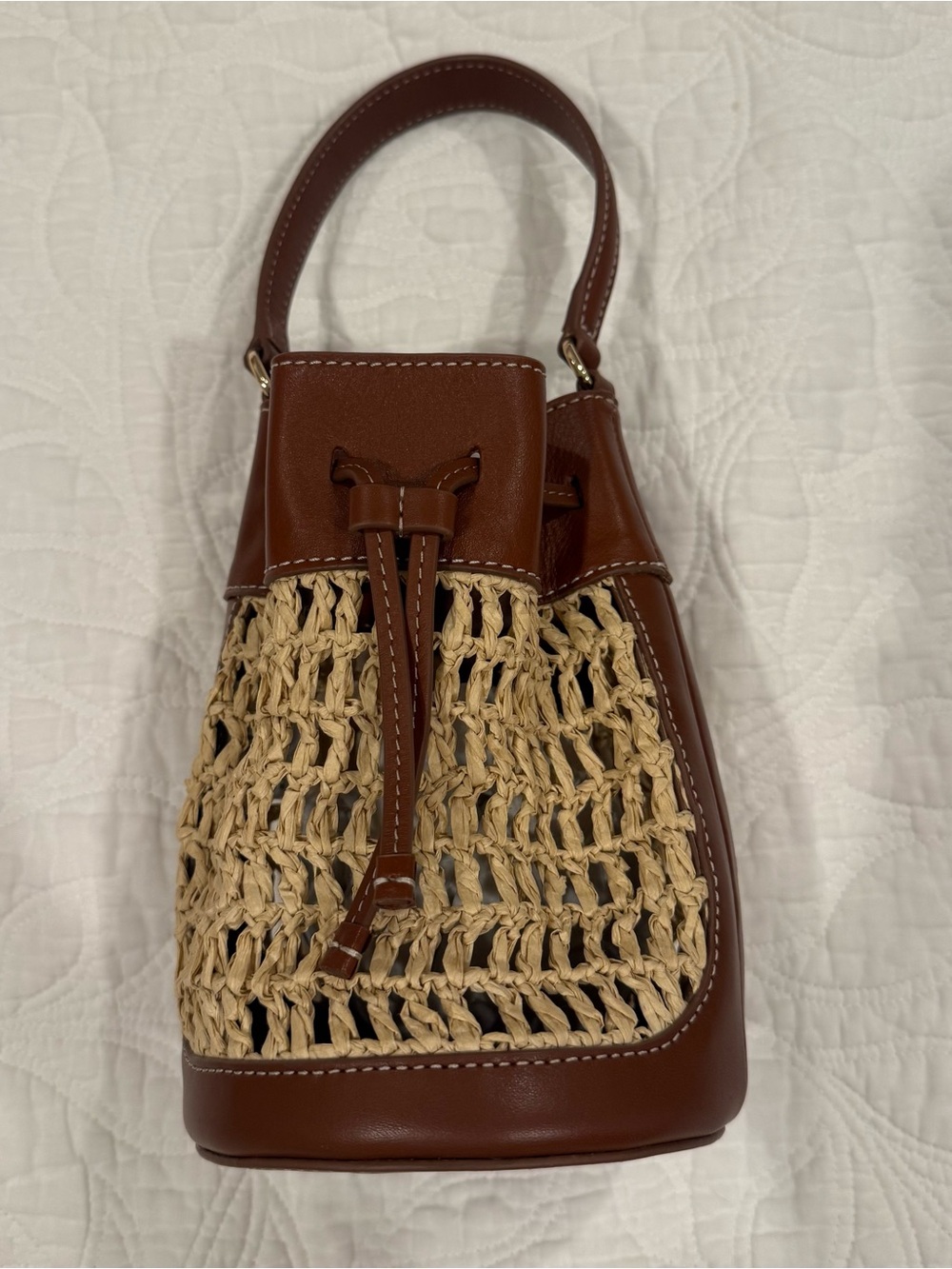 J. Crew Drawstring bag in straw and leather
